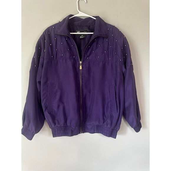 Vintage Fu Da Silk 100% Silk Purple Pearl Studded Bomber Jacket PL Petite Large - Picture 1 of 5